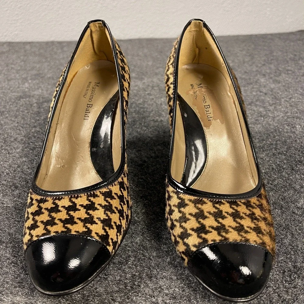 Massimo Baldi Houndstooth Calf Hair Pumps Womens 8.5 Black Cap Toe Heels Italy